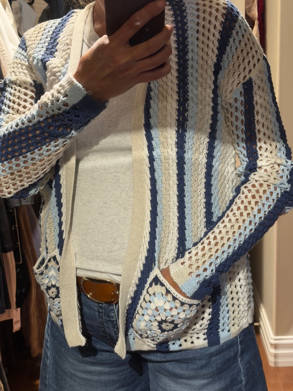 Sz M⭐️CHARLIE B  Open Knit Summer Crochet Cardigan in Cream/ Navy/Light Blue